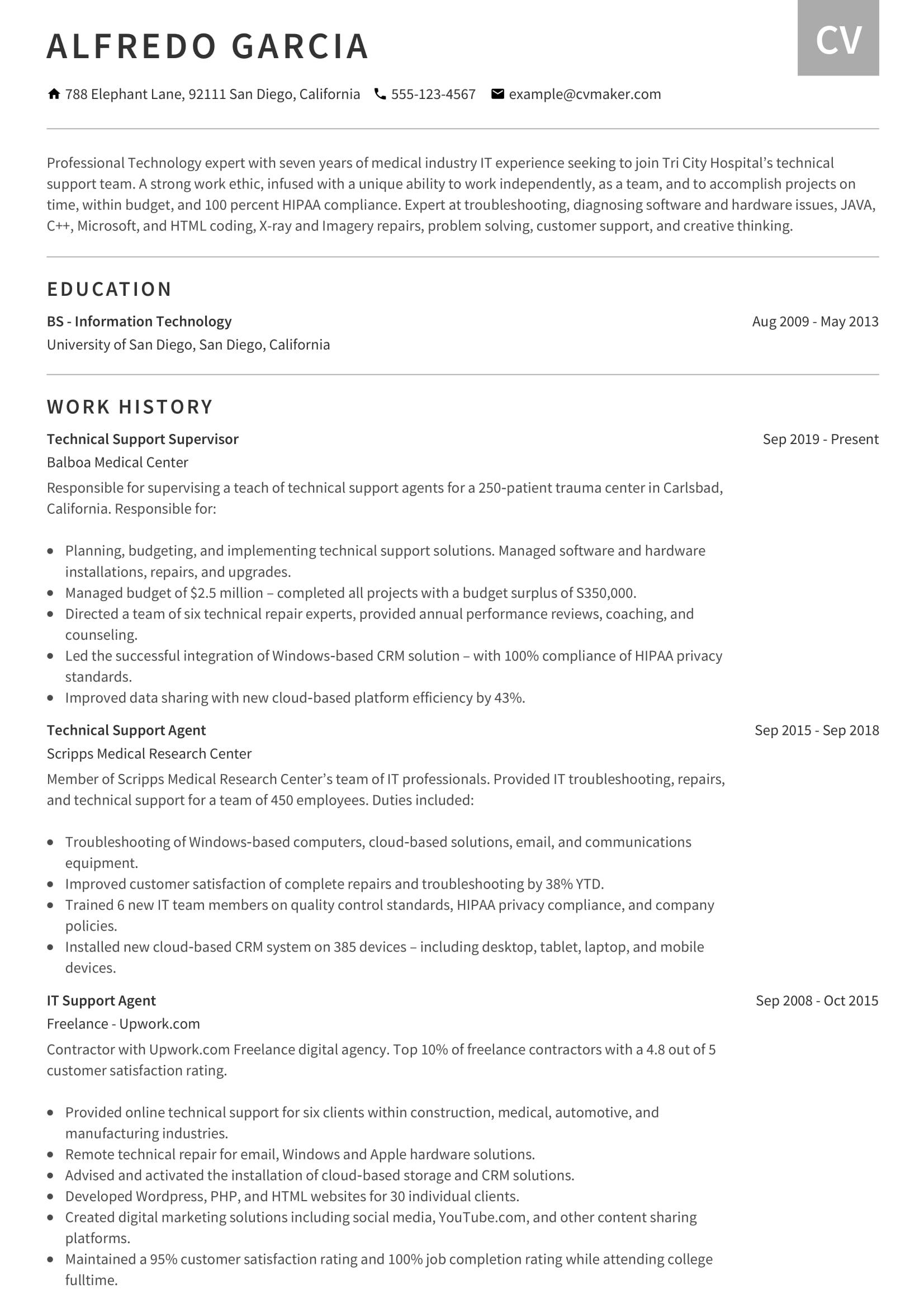 technical support specialist description for resume