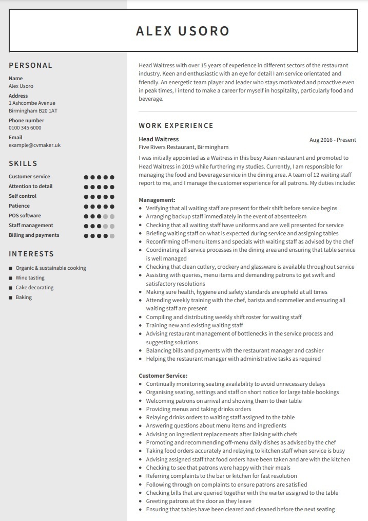 resume sample waitress skills
