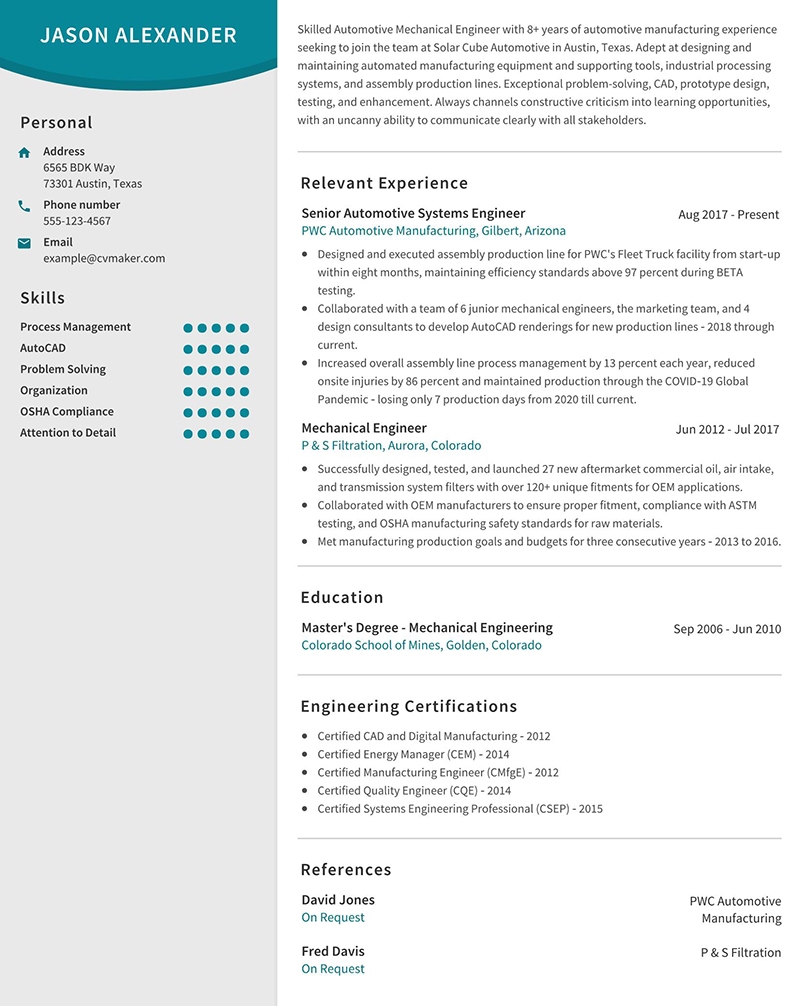 Mechanical Engineer Resume Example Writing Tips 2024 CVmaker