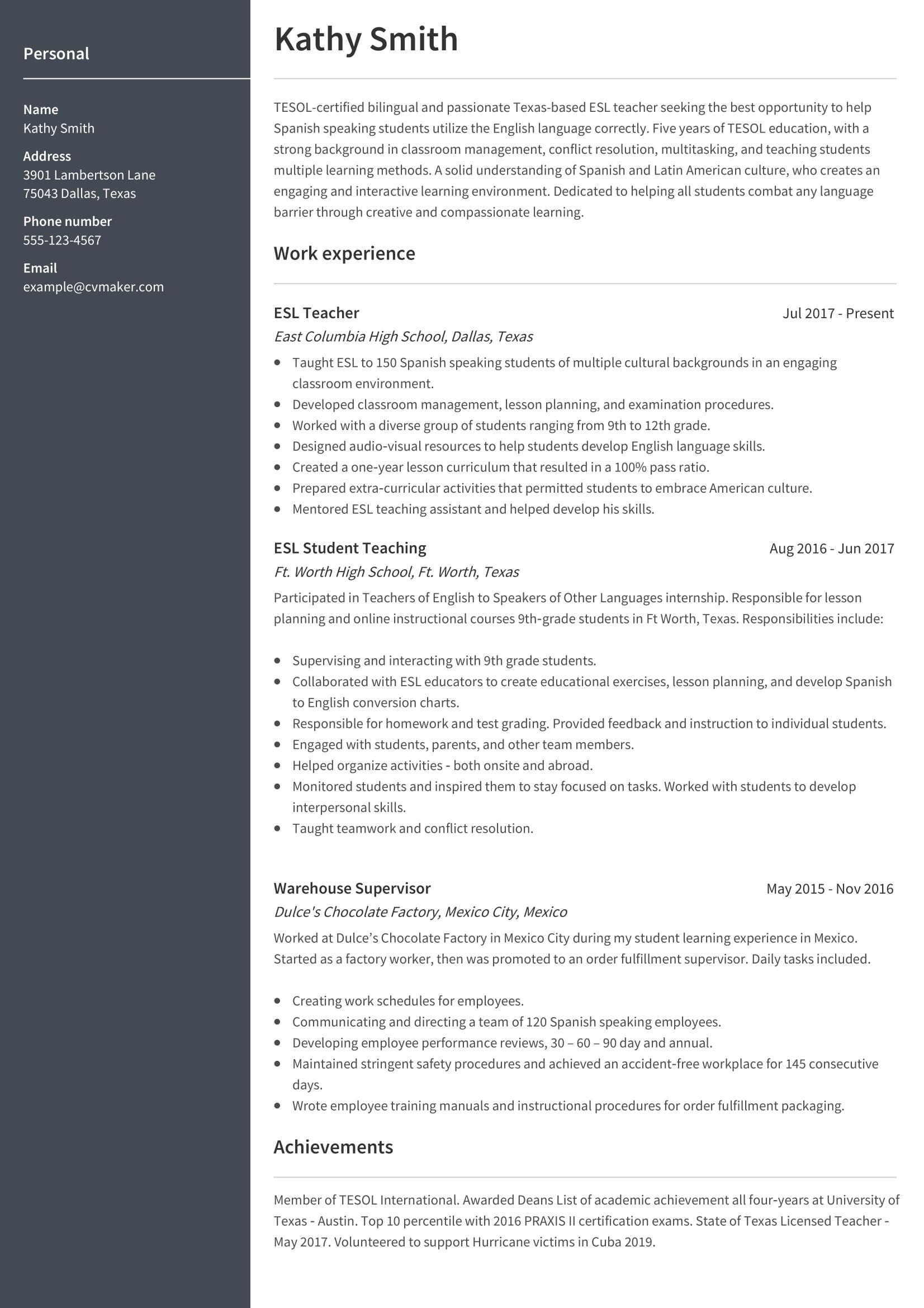 ESL Teacher Resume Examples Writing Guide 2021 CVmaker