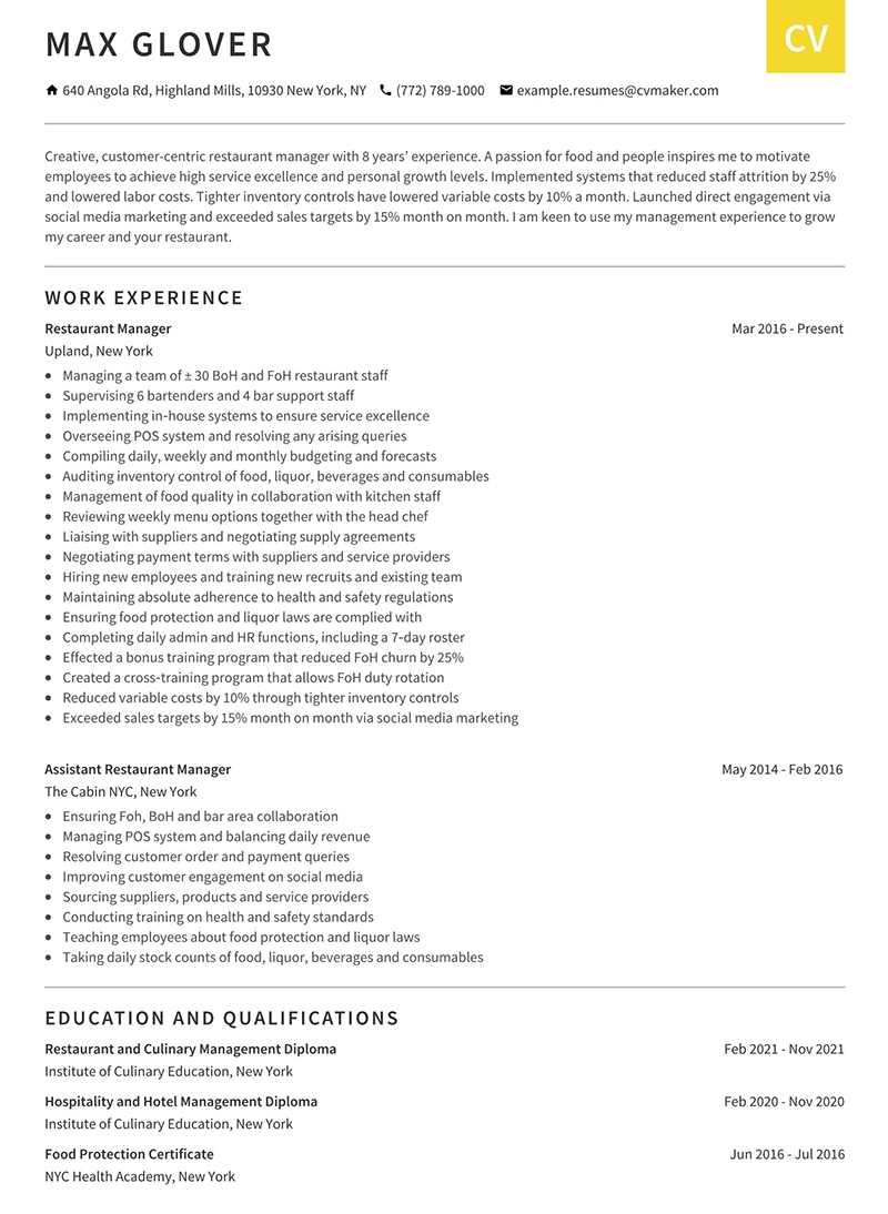 Restaurant Manager Resume Example Writing Tips For 2022 2022 